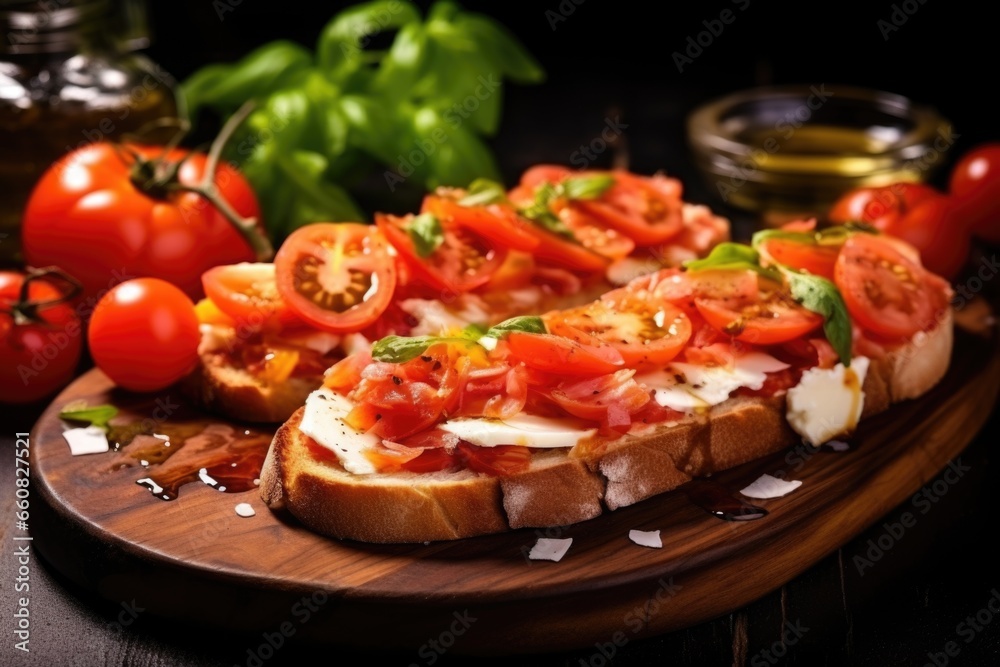 fresh sliced tomatoes on bruschetta with mozzarella pieces fresh sliced tomatoes on bruschetta with mozzarella pieces