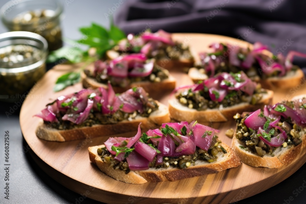 zaatar bruschetta slices arranged with capers and purple onions