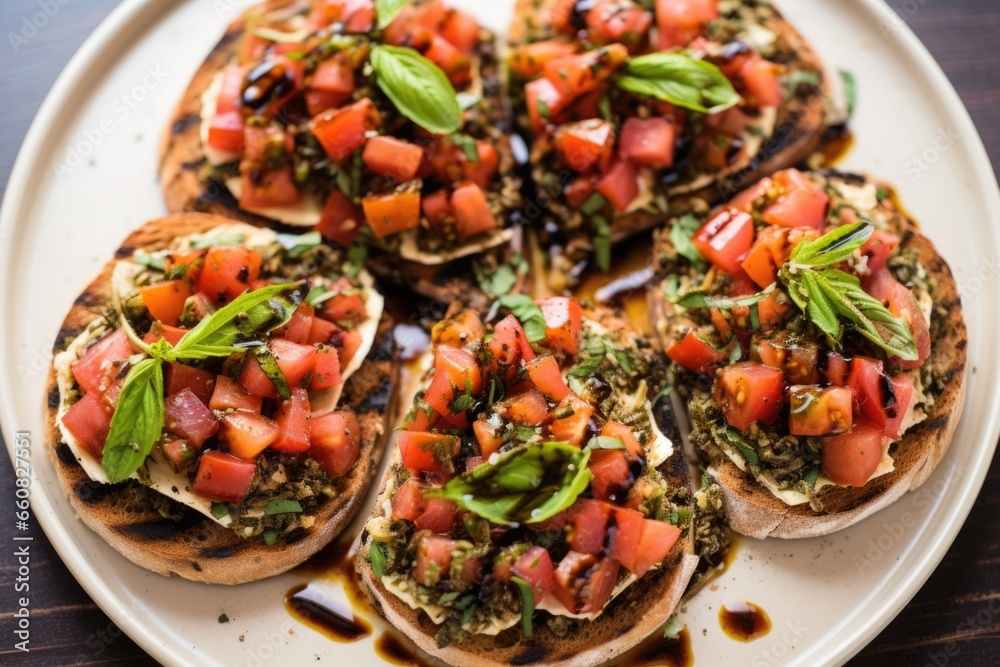 close-up, overhead view of zaatar bruschetta on a plate close-up, overhead view of zaatar bruschetta on a plate