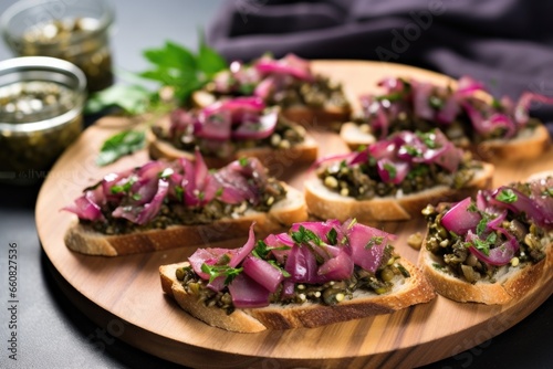 zaatar bruschetta slices arranged with capers and purple onions