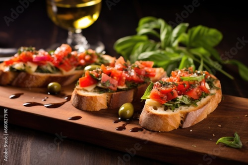 bruschetta with olives and drizzled olive oil on a wooden board