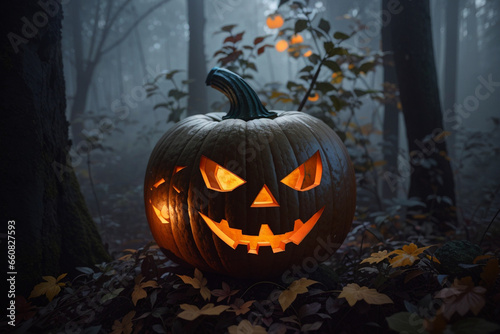 Halloween pumpkin scarecrow, A glowing Jack O Lantern in adark mist Forest on Halloween.