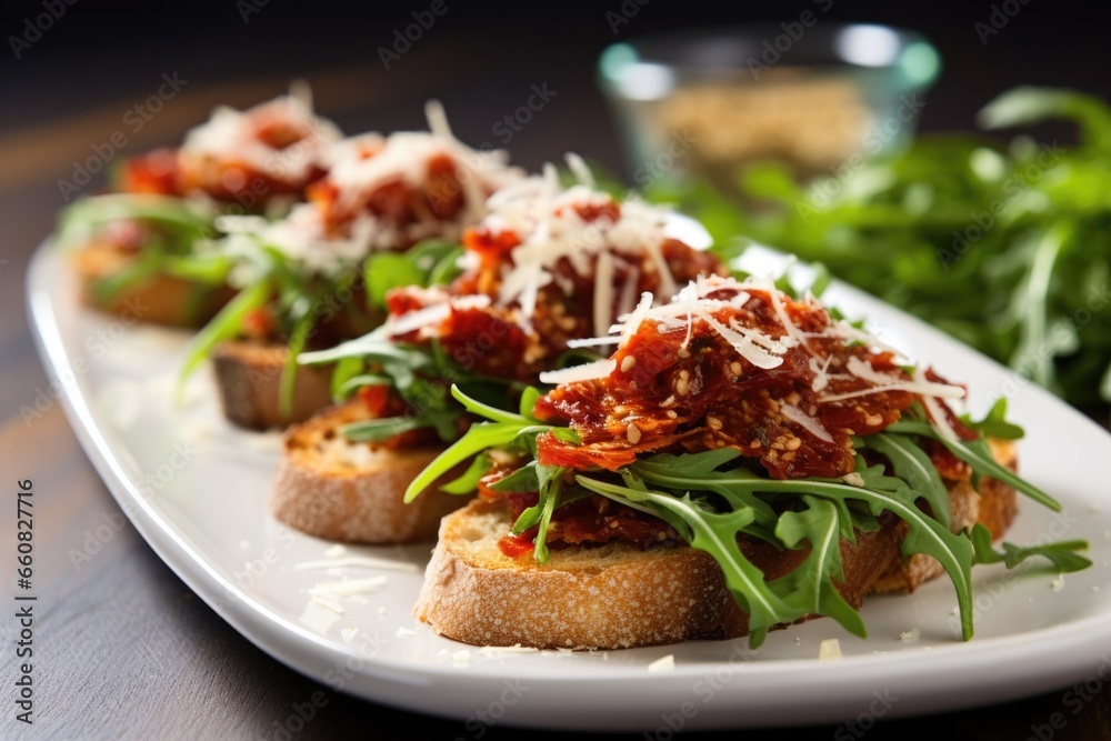 bruschetta with sun-dried tomatoes, arugula, topped with parmesan shavings