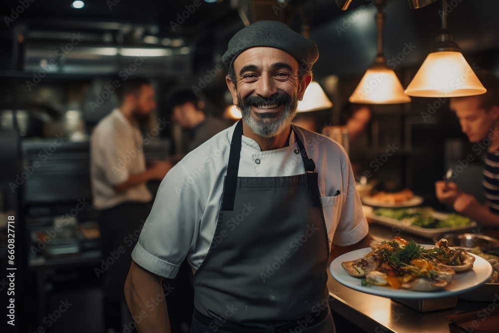 Portrait of a smiling chef standing in the kitchen of a restaurant
