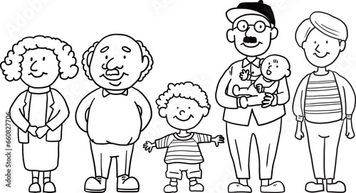 シンプルでかわいい親子孫3世代の家族のイラスト（線画）