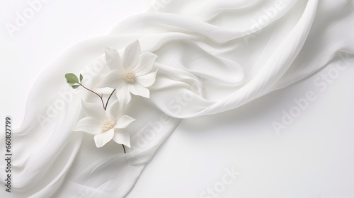 A white silk fabric with two white flowers on a white background. This image expresses a sense of purity, elegance, and beauty. The fabric is smooth and flowing, creating a graceful shape.