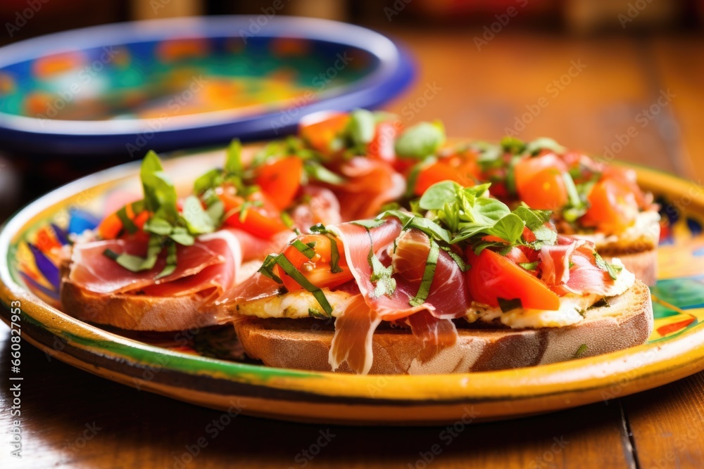 close-up of prosciutto bruschetta on a colorful ceramic plate close-up of prosciutto bruschetta on a colorful ceramic plate