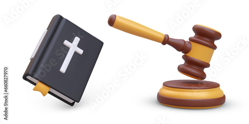 3d realistic Bible with bookmark and wooden judges gavel. Justice and law. Legal law, equity and truth. Vector illustration in 3d style with place for text