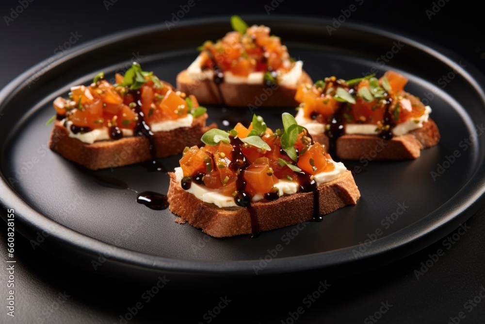 bruschetta with ricotta served on a modern square black plate bruschetta with ricotta served on a modern square black plate