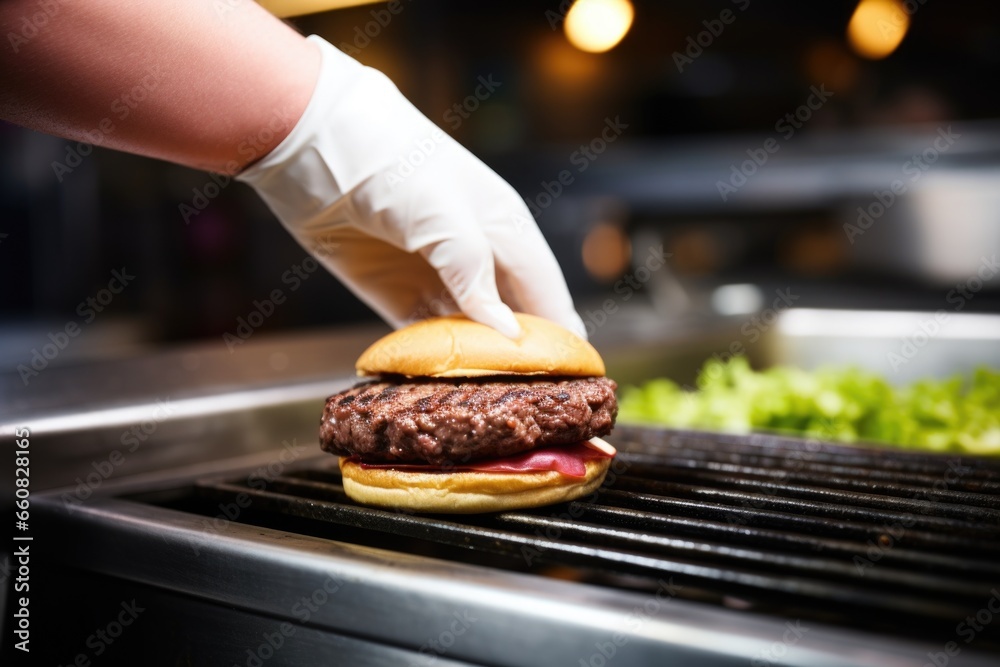 hand flipping a burger patty on a hot griddle - obrazy, fototapety, plakaty 