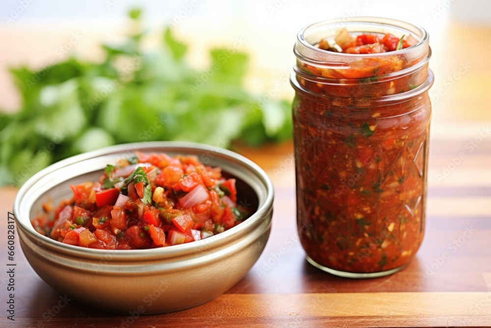 a burrito next to jar of homemade salsa a burrito next to jar of homemade salsa