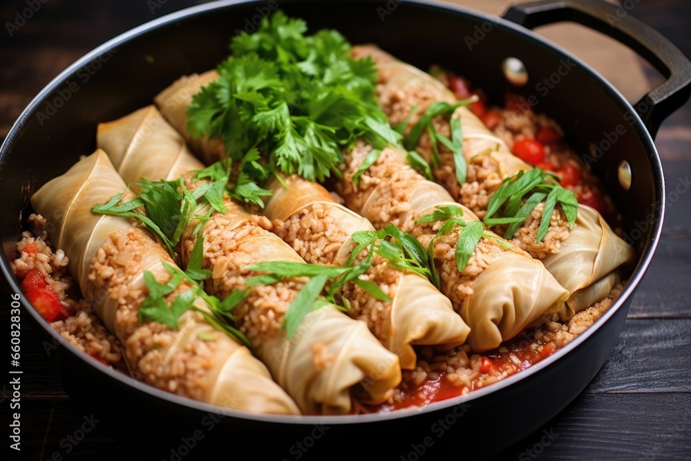cabbage rolls in a pan before being baked