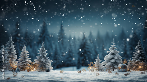Christmas background with fir trees and snowflakes. Digital illustration of your design.