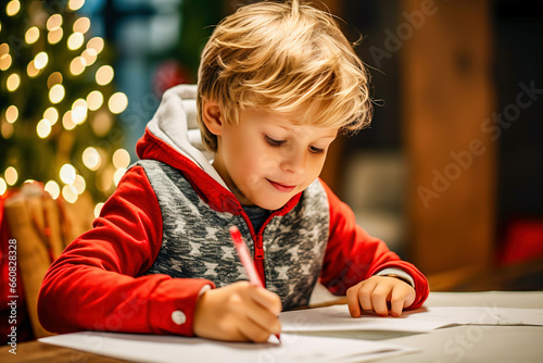 Boy writes a letter to Santa Claus. Child writes a wish list on the background of a New Year tree decorated with a garland