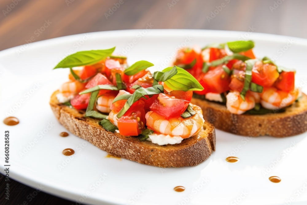 whole grain bruschetta with shrimp topping on a white plate whole grain bruschetta with shrimp topping on a white plate