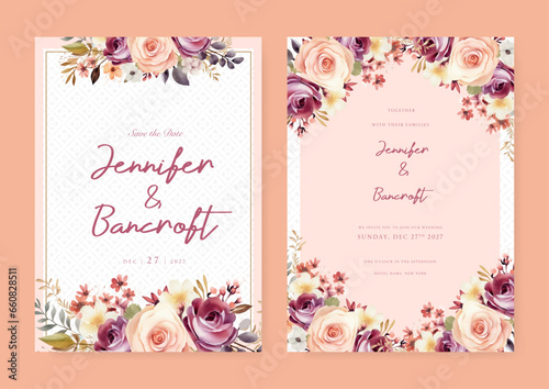 Peach purple violet and white rose and poppy luxury wedding invitation with golden line art flower and botanical leaves, shapes, watercolor