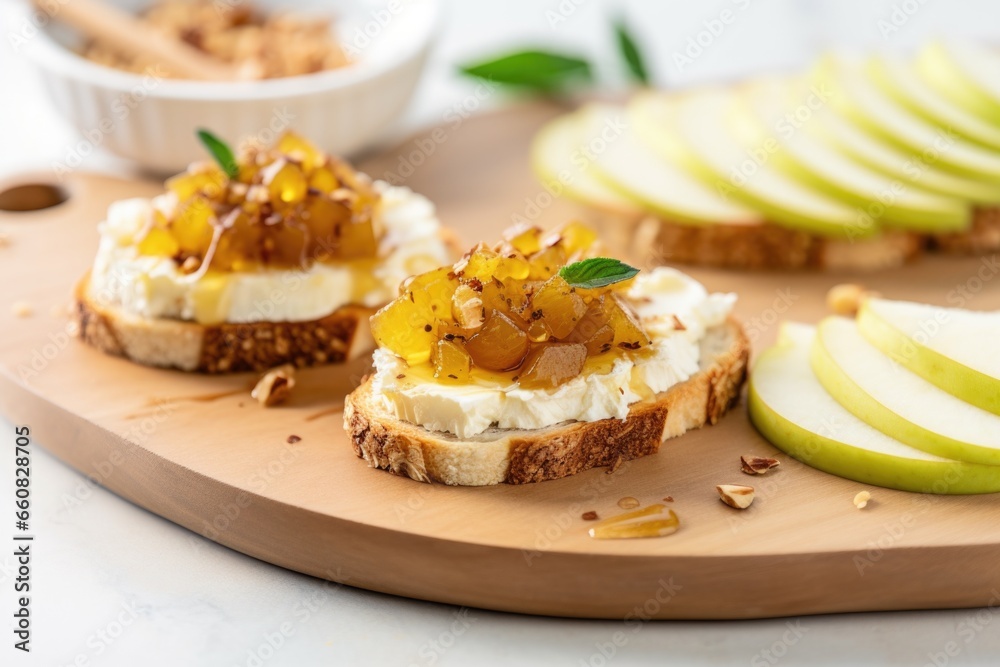 pear bruschetta with a cheese spread on white toast pear bruschetta with a cheese spread on white toast