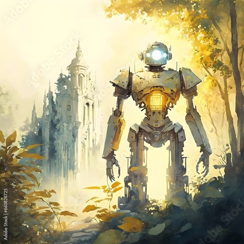 a portrait of an ancient golden clockwork robot sunlit forest and white stone temple in the background in the style of Alphonse Mucha Monet gustav Klimpt romantic vibrant warm watercolor oil  photo