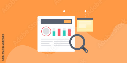 Website analytics software scanning website data and generating report on web application-based interface online, internet technology vector illustration.