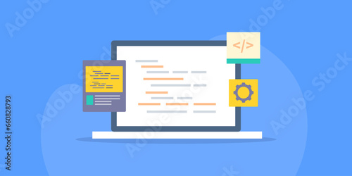 Website application coding script on laptop screen, web development with programming language php, css, html, vector illustration banner template.