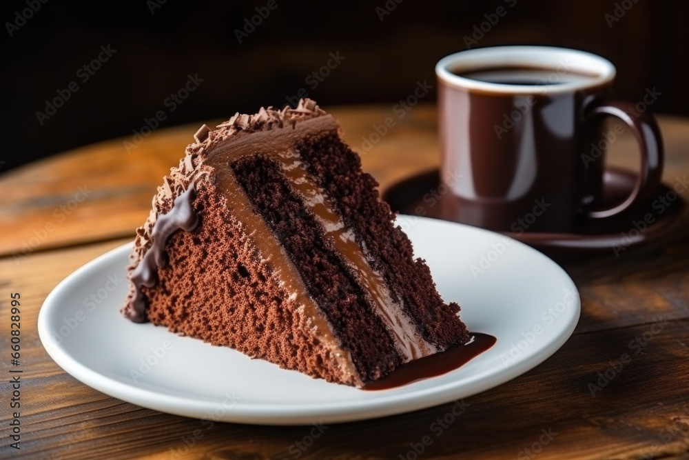 a slice of chocolate cake with a coffee cup a slice of chocolate cake with a coffee cup
