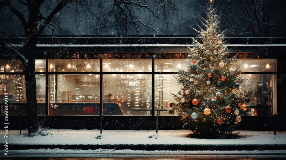 Fototapeta premium Cafe Exterior During Winter Holidays