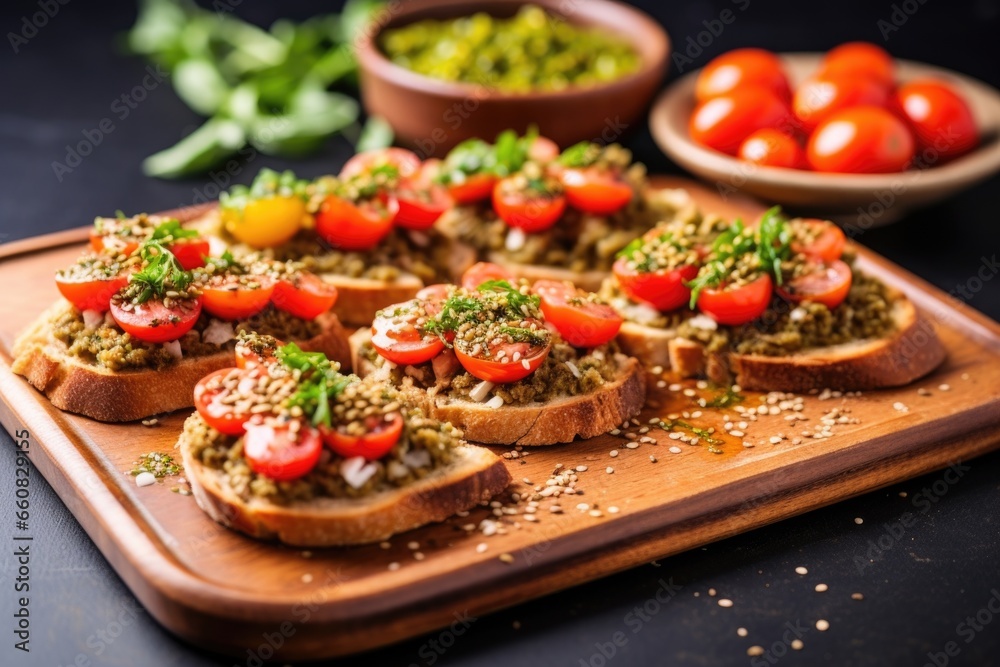 bruschetta with zaatar, green olives, and tomatoes on tray