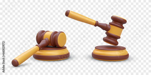 3D wooden judge gavel and stand. Auctioneer hammer is lying and knocking on stand. Vector object in different positions. Set of isolated color images, icons