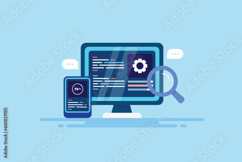 Software application development, coding script on screen, app testing platform with code interpreter, checking error on code with search, vector illustration web banner.