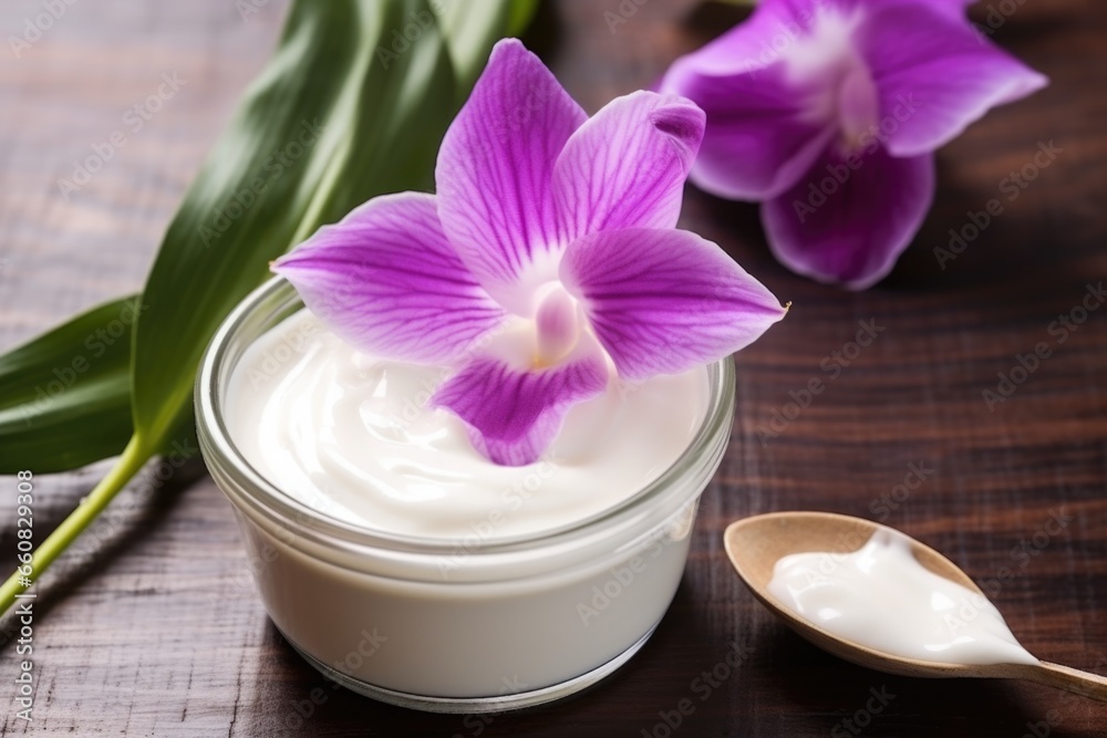 scoop of coconut yogurt with a purple orchid flower for decoration