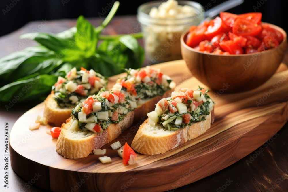 bruschetta with spinach and artichoke on a bamboo board bruschetta with spinach and artichoke on a bamboo board