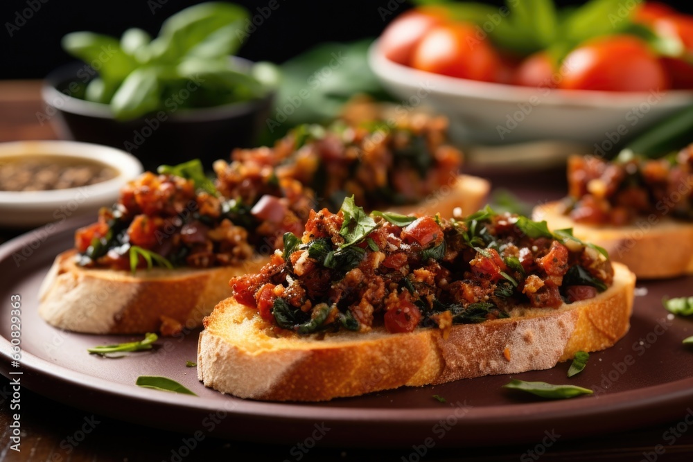side view of bruschetta with sun-dried tomato tapenade on a ceramic plate side view of bruschetta with sun-dried tomato tapenade on a ceramic plate