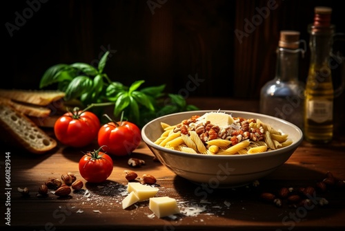 A bowl of pasta with nuts and cheese on a wooden table next to a garlic and pepper shaker. Generative AI