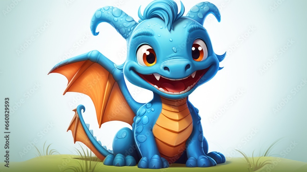 A cartoon blue dragon sitting in the grass A cartoon blue dragon sitting in the grass