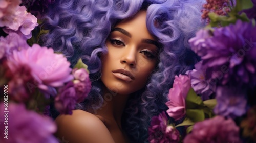 A woman with purple hair is surrounded by flowers