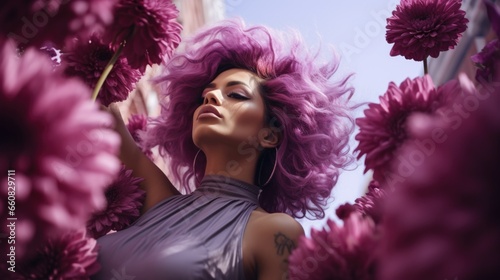 A woman with purple hair is surrounded by flowers