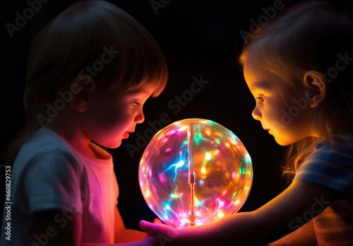 Two children are playing with a glowing ball
