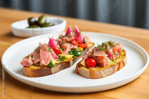 tuna bruschetta with a side of pickles and radishes