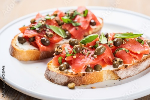 bruschetta with tuna and capers on a white plate