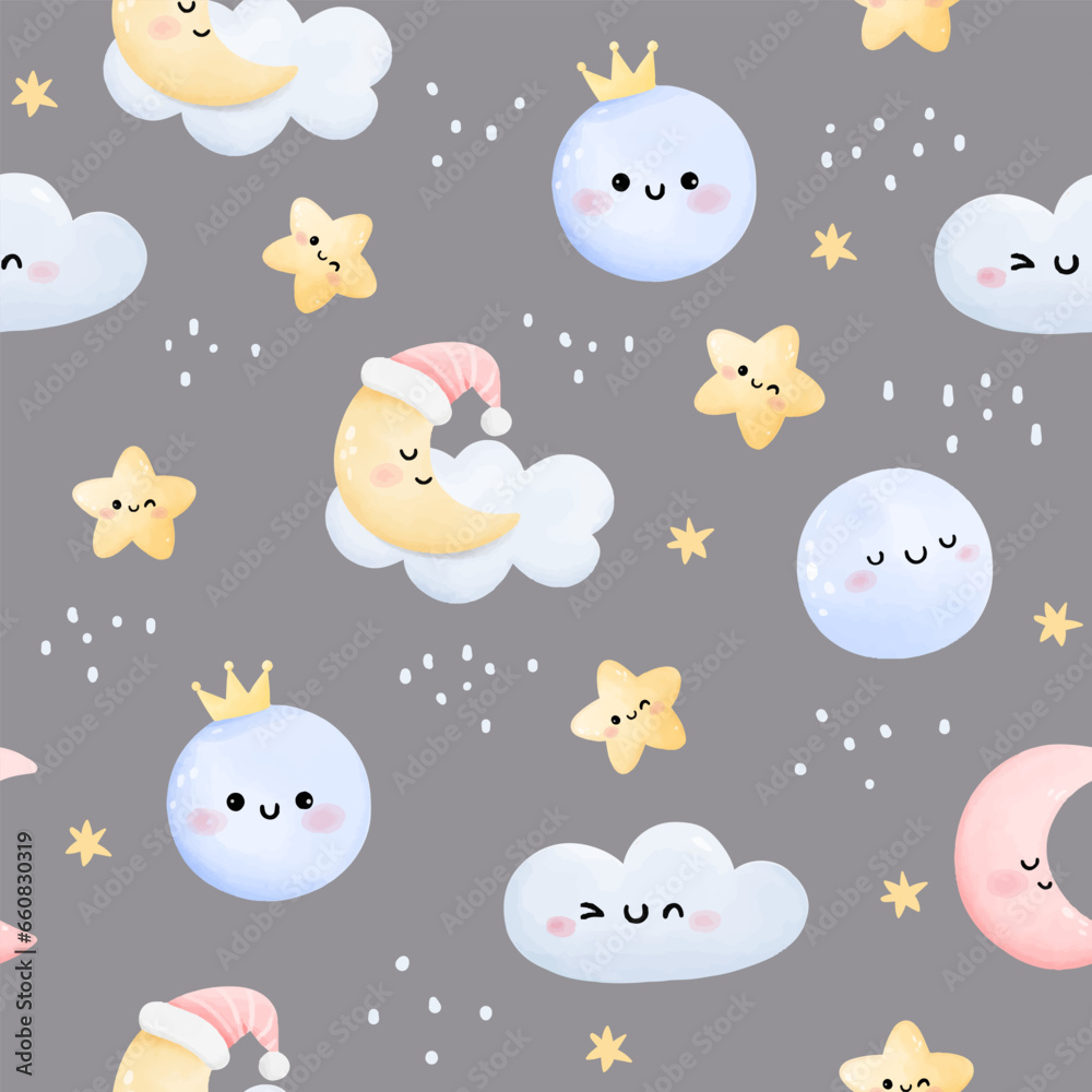 Seamless pattern cute moon with cloud star Weather concept For baby shower Greeting card Clothing kids