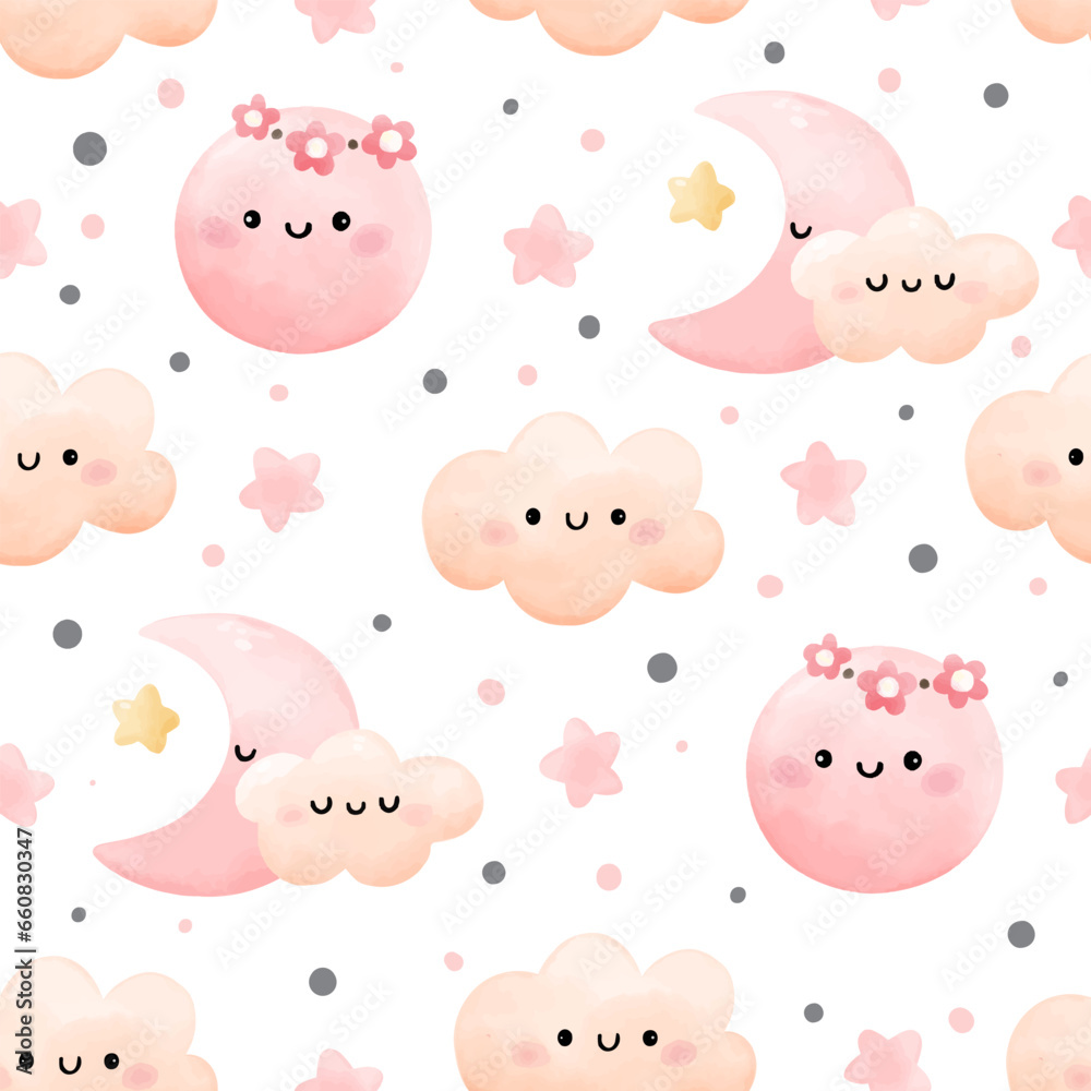 Seamless pattern pink moon sweet cloud star Weather concept For baby shower Greeting card Clothing kids
