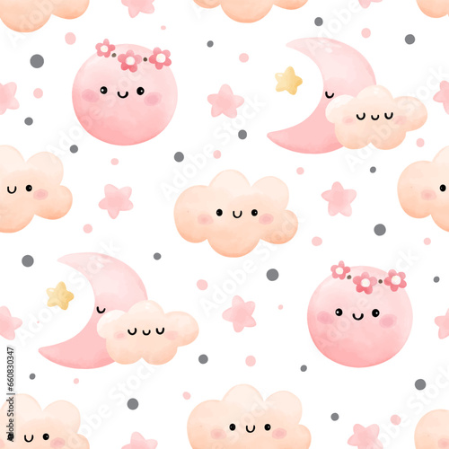 Seamless pattern pink moon sweet cloud star Weather concept For baby shower Greeting card Clothing kids