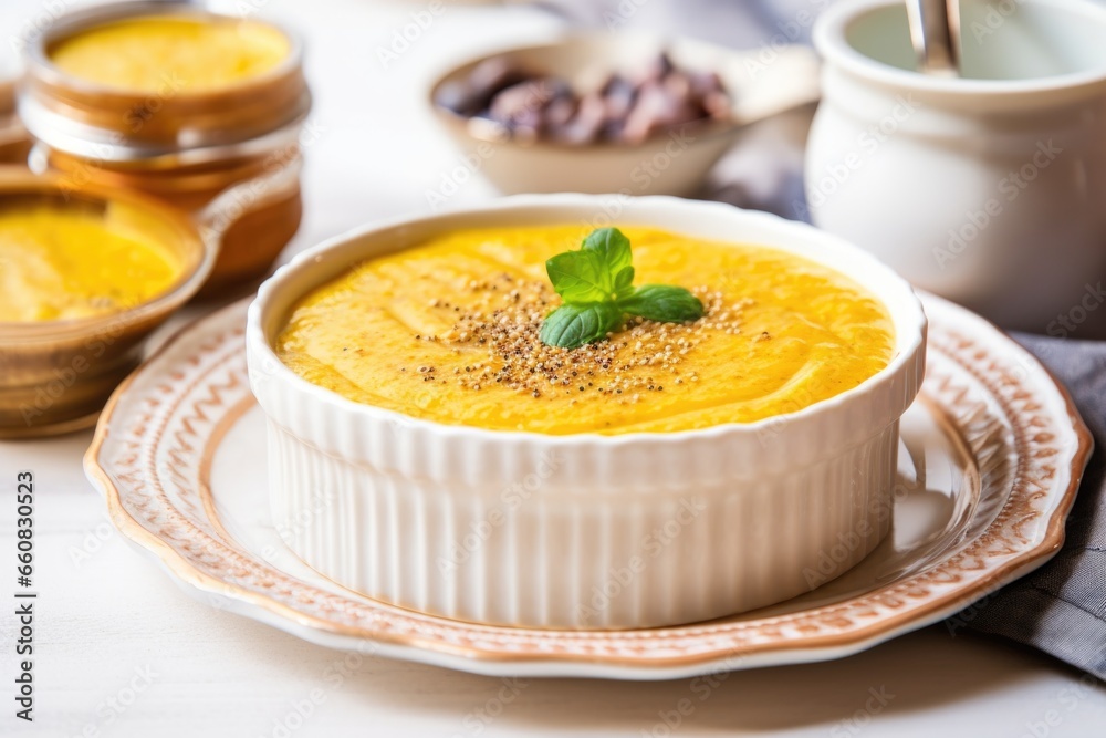 turmeric chia seed pudding on a porcelain plate