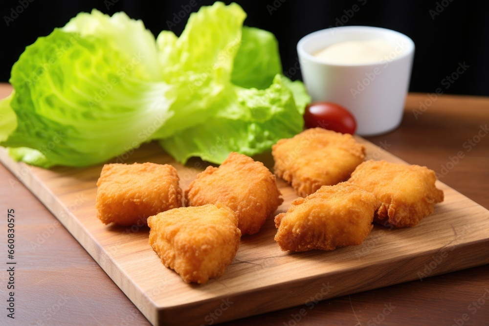nuggets alongside fresh lettuce on a chopping board nuggets alongside fresh lettuce on a chopping board