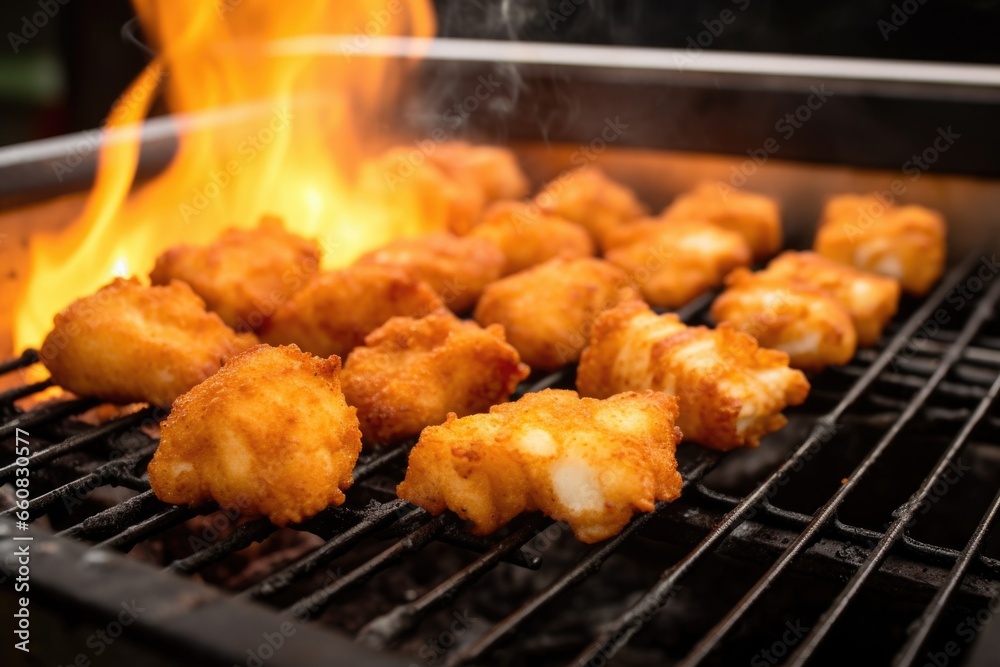 nuggets on a grill with noticeable heat