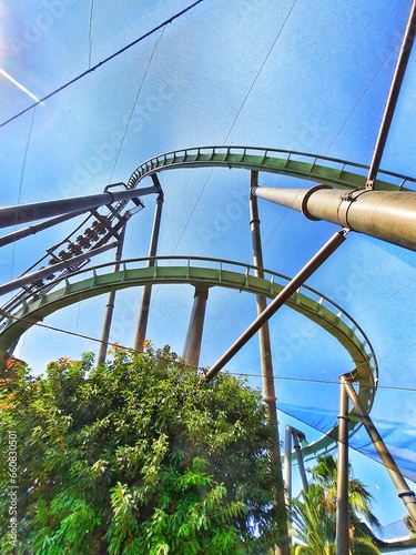 Osaka, Japan on September 30, 2023. Jurassic Park The Flying Dinosaur roller coaster track.