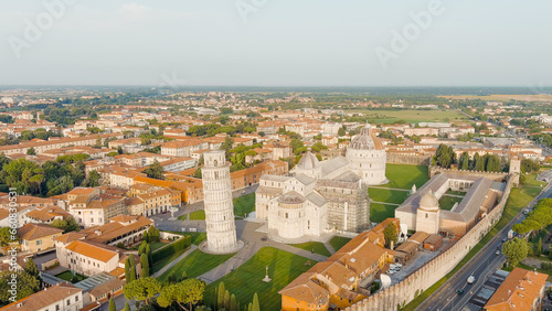 Pisa, Italy. Famous Leaning Tower and Pisa Cathedral in Piazza dei Miracoli. Summer. Morning hours, Aerial View