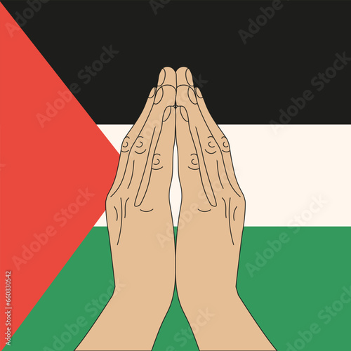 Palestine Israel military conflict. War on middle east. Bombing middle east country. Hand in pray on Palestine flag background. Vector illustration.