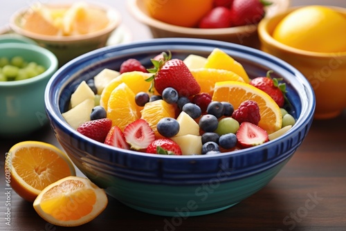 fruit salad featuring an assortment of citrus fruits in a blue ceramic bowl