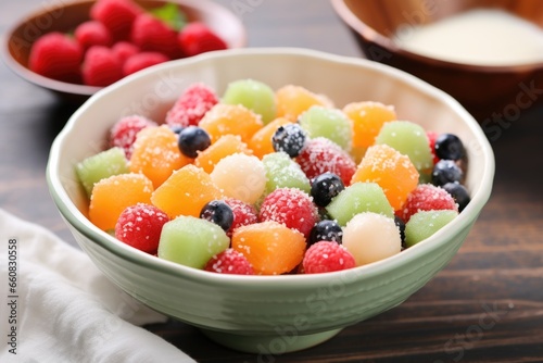 melon balls and berries salad in a ceramic white bowl